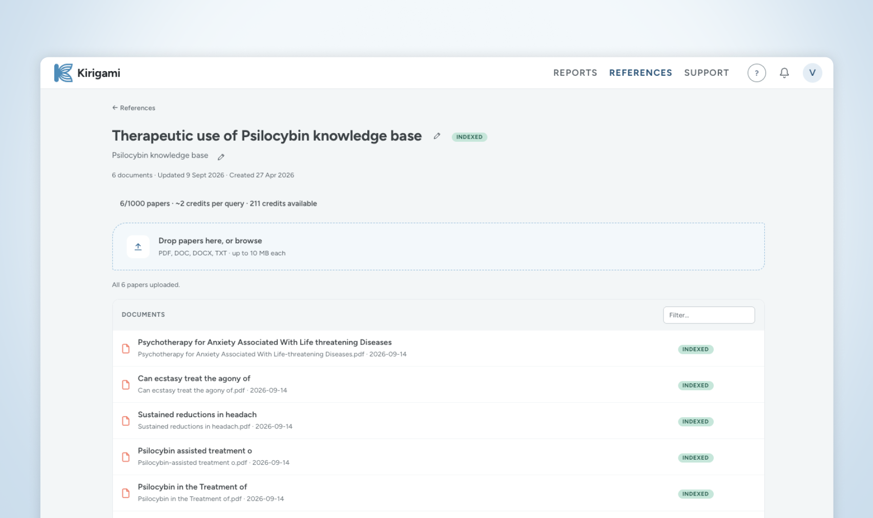 A knowledge base in Kirigami, listing the uploaded papers and their indexing status.