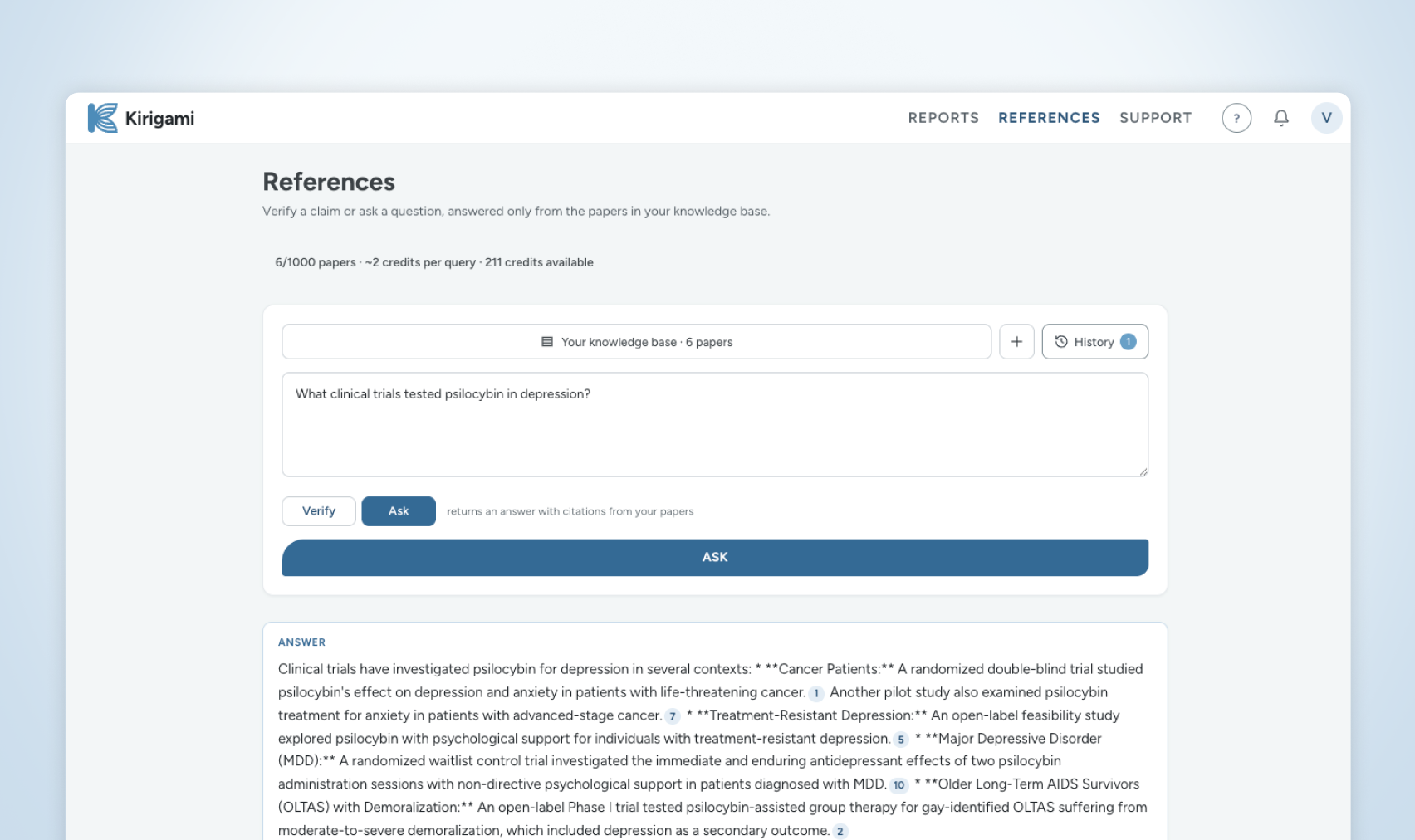 A question asked against the knowledge base, answered with numbered citations.