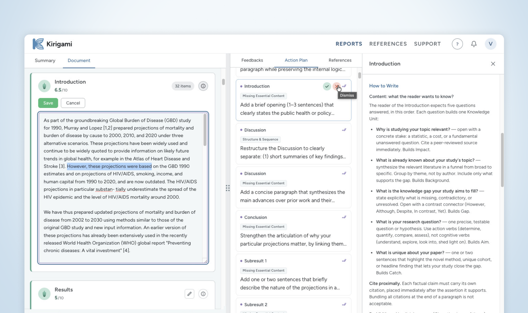A section open for editing next to its action plan, with the writing guidelines for the introduction alongside.